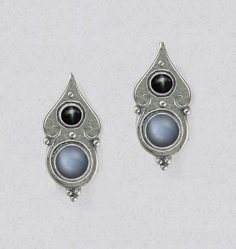 Sterling Silver Gothic Look Post Stud Earrings With Grey Moonstone And Black Star